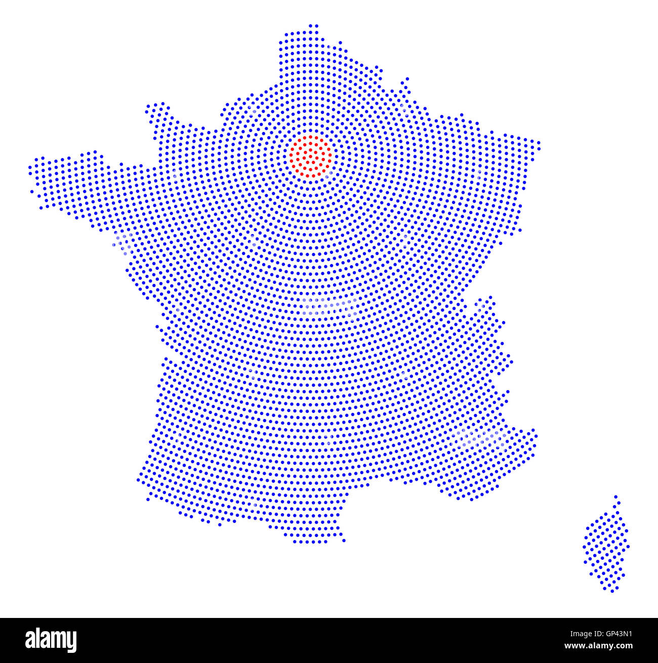 France map radial dot pattern. Blue dots going from the capital Paris outwards and form the hexagon silhouette of France. Stock Photo