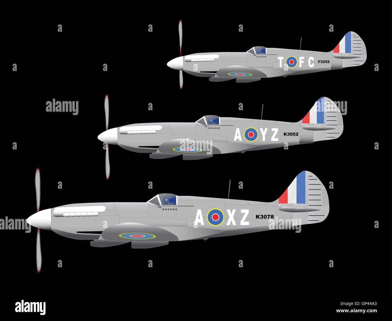 3 World War II fighter planes out on patrol against a black background. Stock Vector
