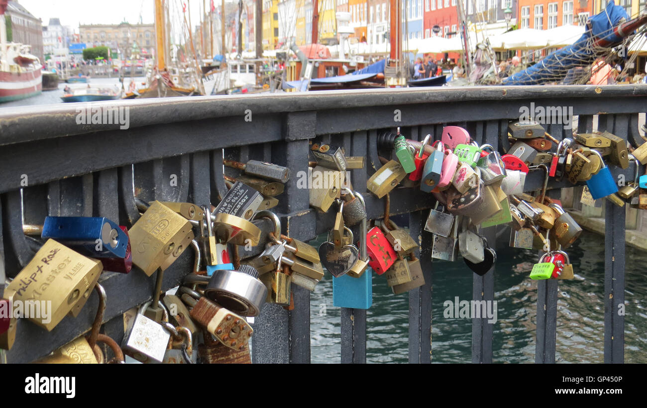 LOVE LOCKS on canal bridge at Nyhaven, Copenhagen, Denmark. Photo Tony