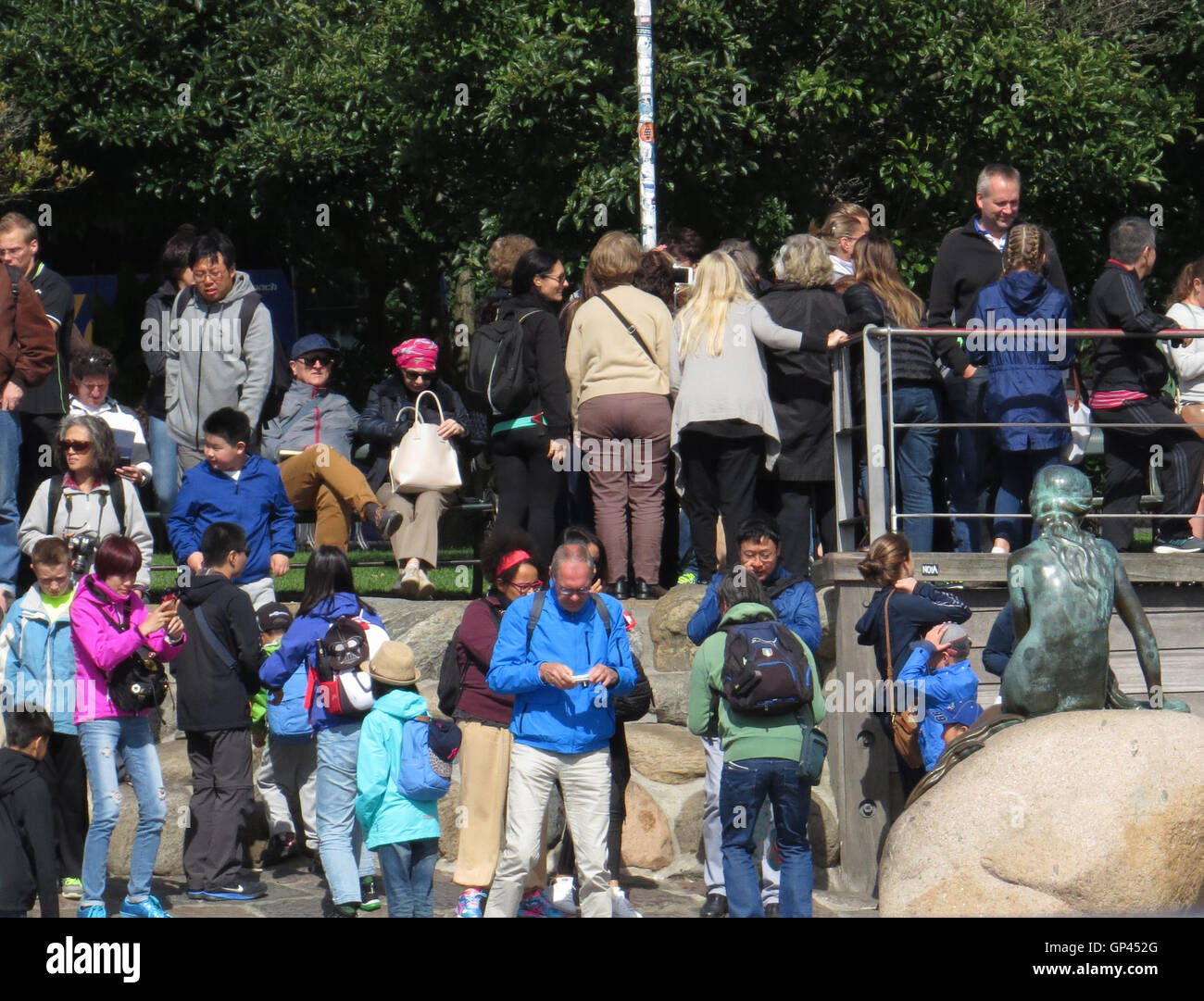 LITTLE MERMAID statue in Copenhagen, Denmark, surrounded by tourists. Photo Tony Gale Stock Photo