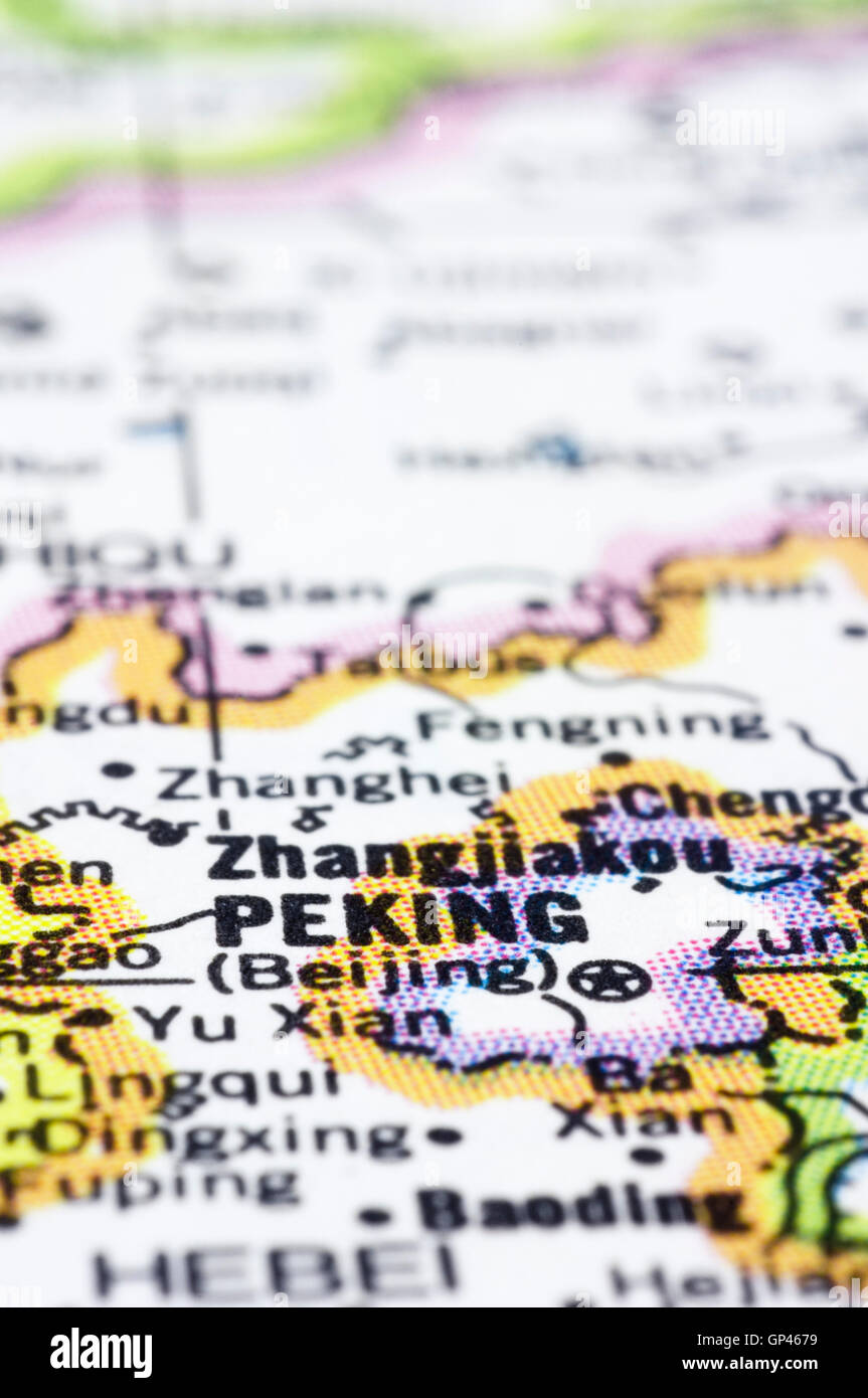 Peking or Beijing on map, China Stock Photo