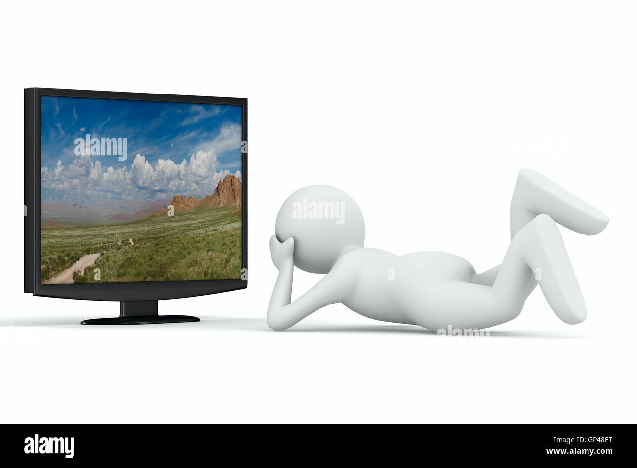 TV and man on white background. Isolated 3D image Stock Photo