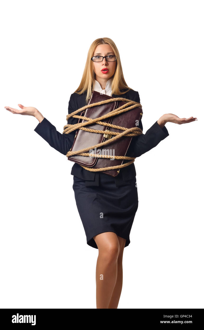 Woman businessman tied up with rope Stock Photo