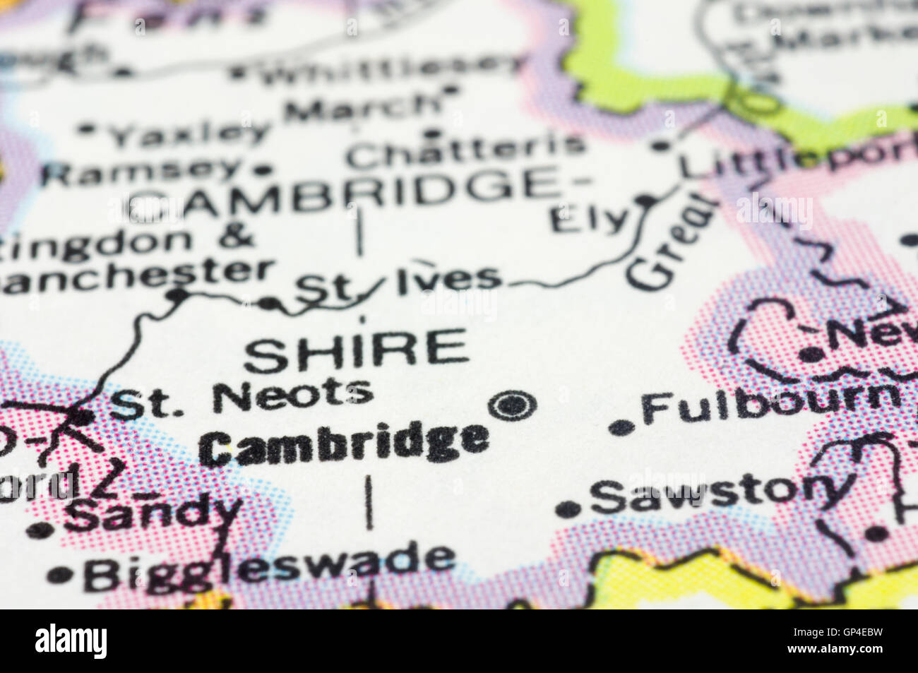 close up of cambridge city on map Stock Photo