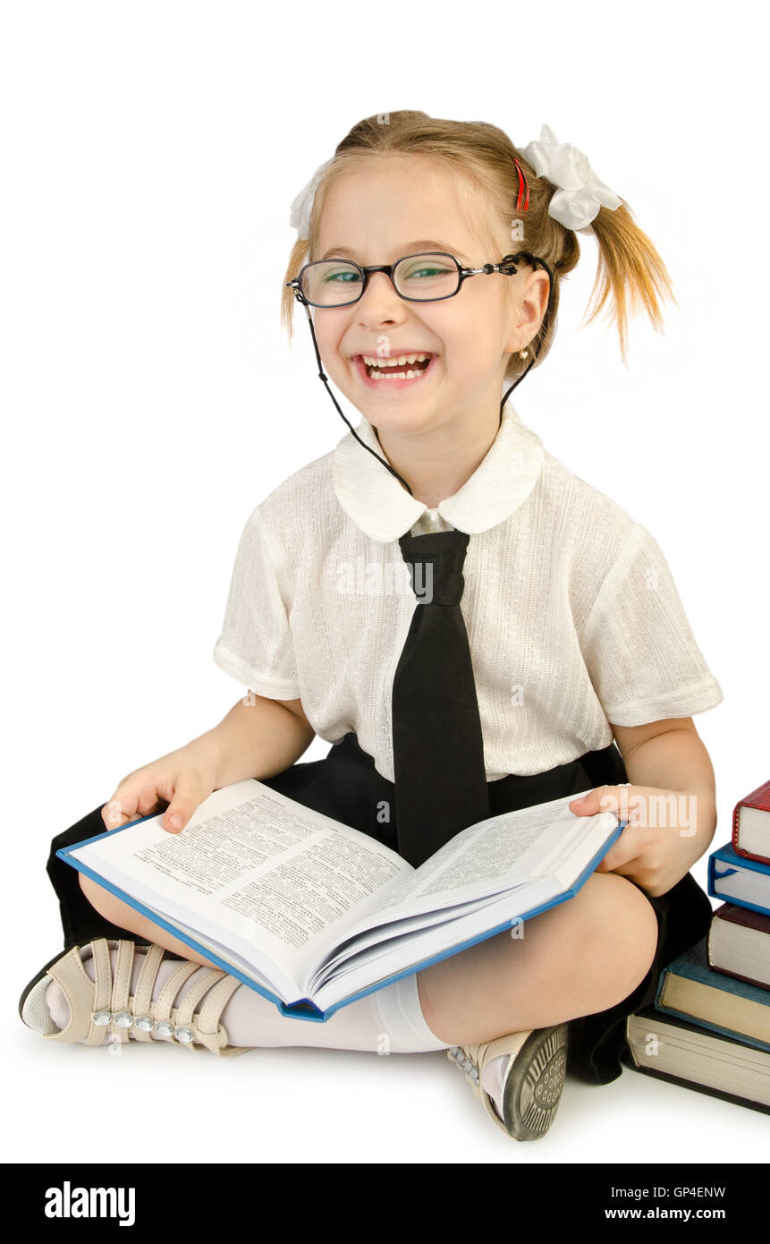 Little girl with books on white Stock Photo - Alamy