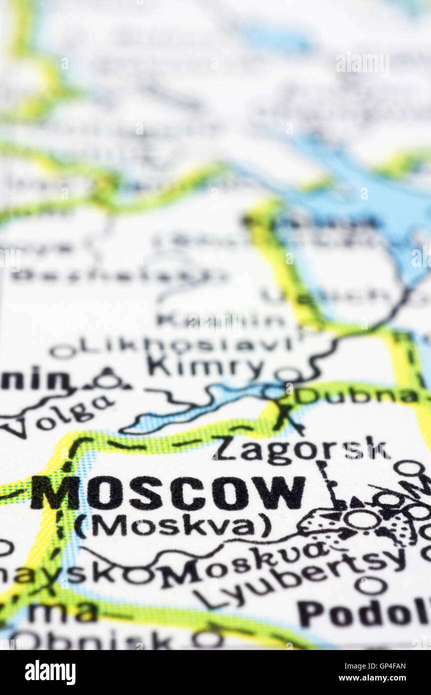 close up of Moscow on map, Russia Stock Photo