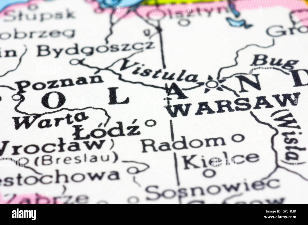Close Up of Warsaw on Map, Poland Stock Photo