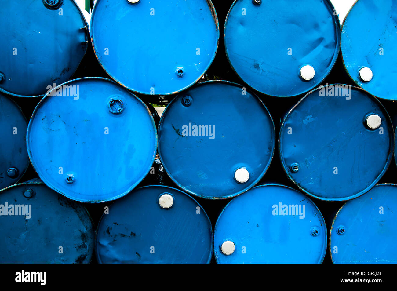 oil barrels or chemical drums stacked up Stock Photo