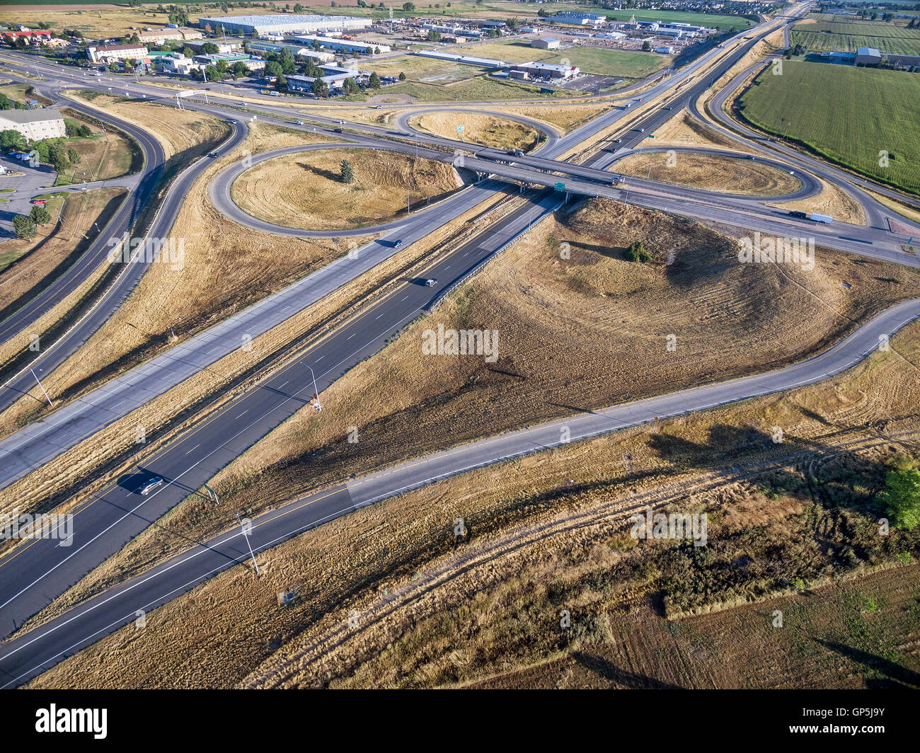 aerial view of intersection of I-25 freeway and highway 14 in Fort Collins, Colorado Stock Photo
