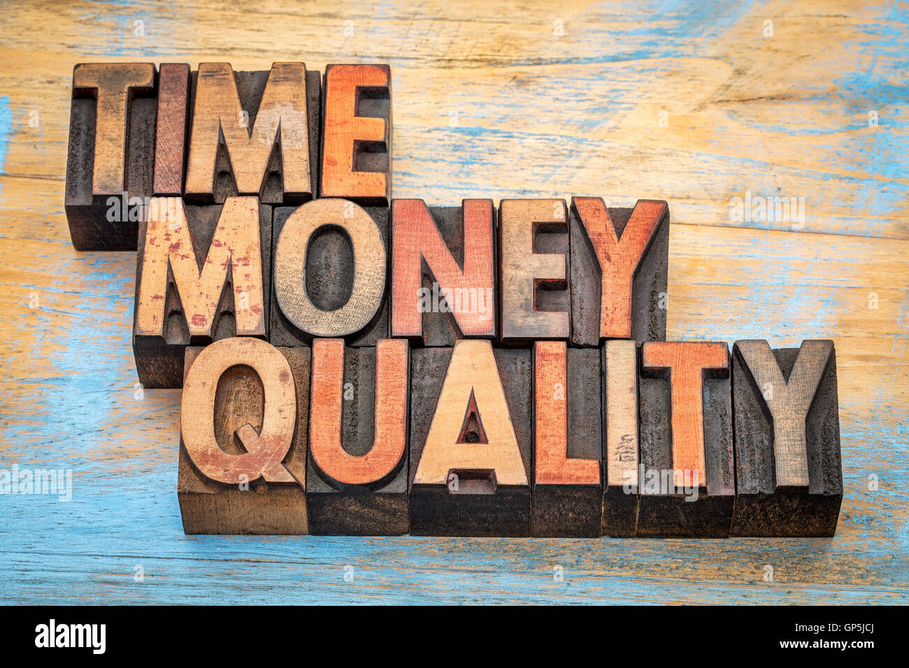 time, money, quality - word abstract in letterpress wood type Stock Photo