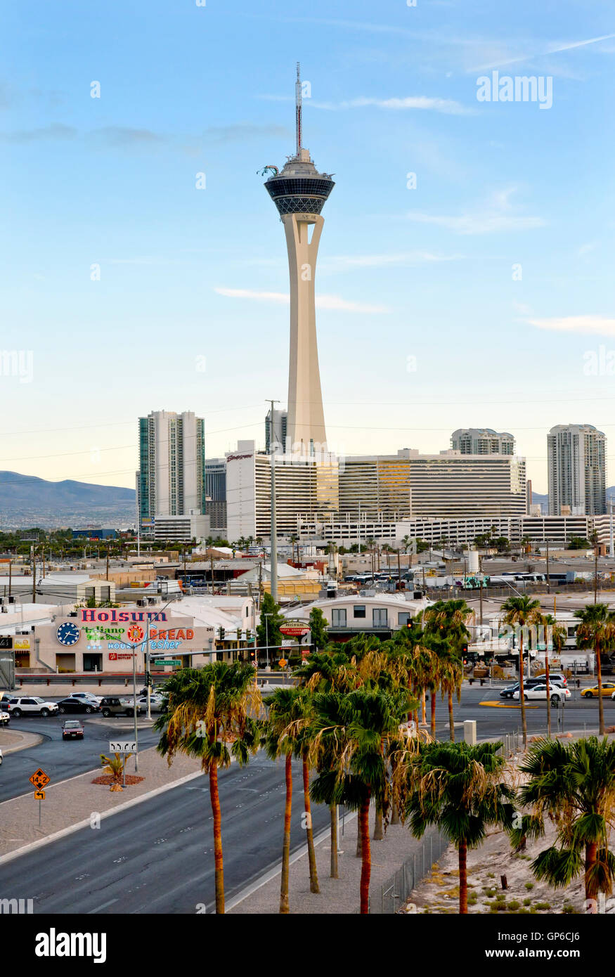 The north end of the Las Vegas Strip with the Stratosphere Tower, Hotel and Casino Stock Photo