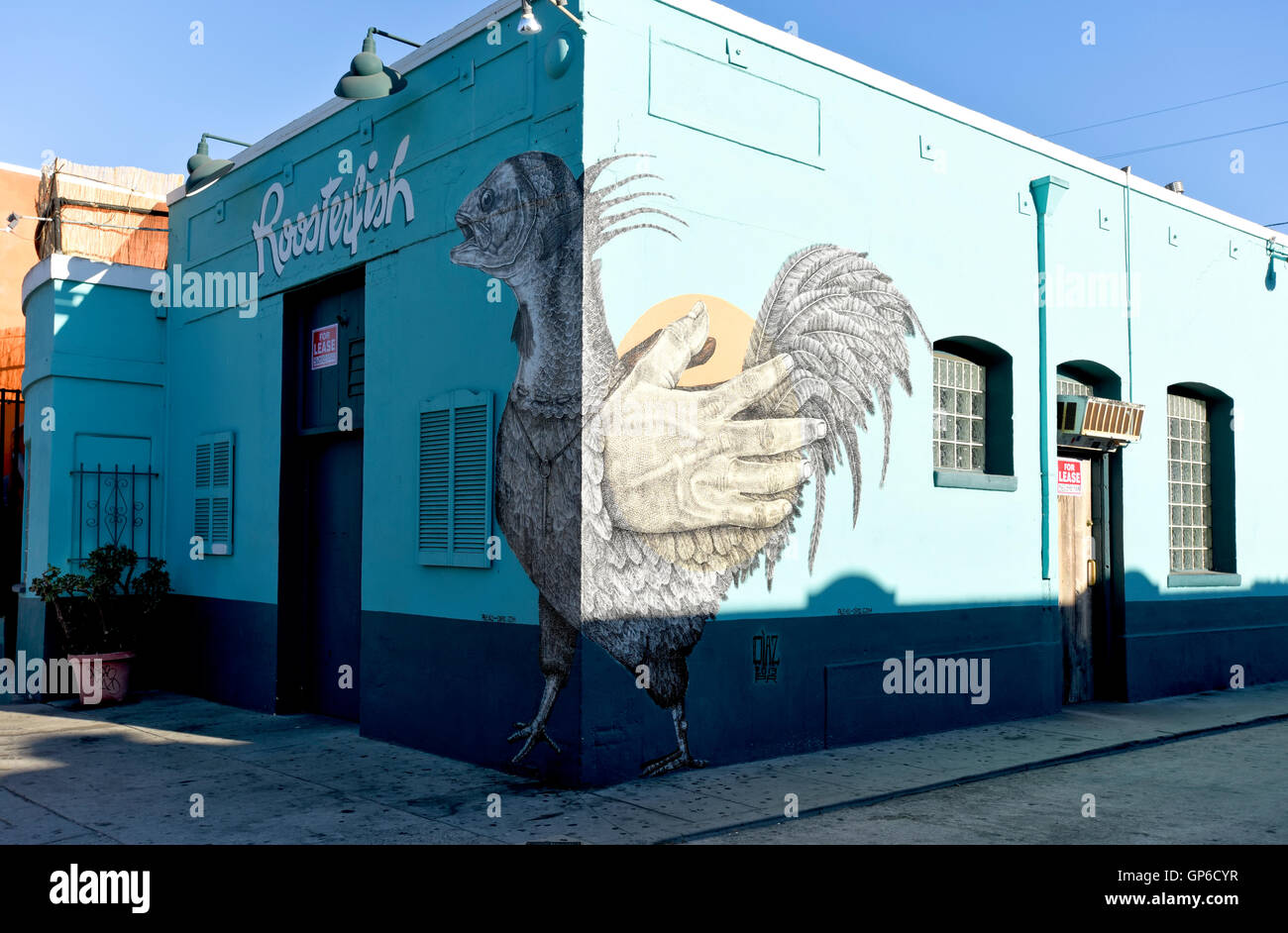 Street art painted on the corner of a property for lease in Venice Beach, California Stock Photo