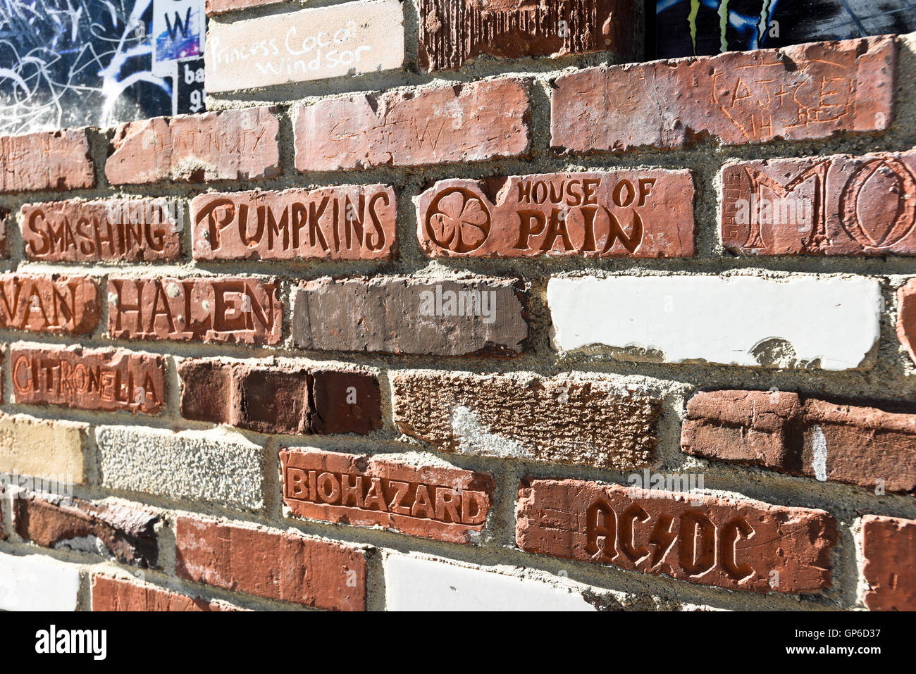 Part of the brick wall of fame at the Rainbow Bar and Grill on the Sunset Strip, West Hollywood; California. Stock Photo