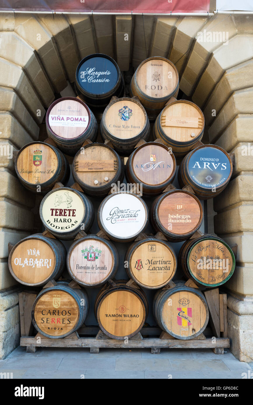 HARO, LA RIOJA, SPAIN - 31 AUGUST, 2016: Wine barrels of the famous wine of Haro (La Rioja) in the City Hall waiting to the begi Stock Photo