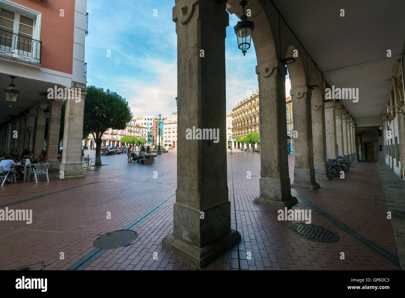 BURGOS, SPAIN - 31 AUGUST, 2016: porticoes of the main square of the city on a summer afternoon Stock Photo