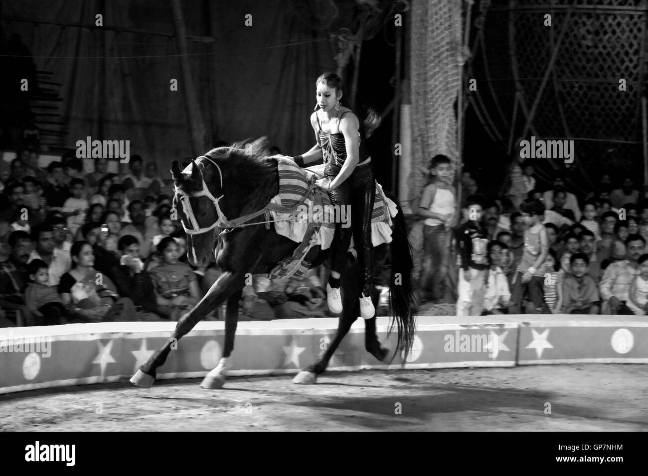 Woman riding horse in circus, india, asia Stock Photo