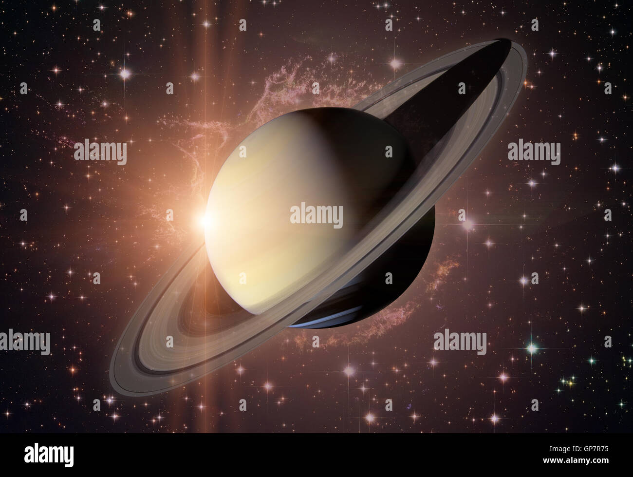 Solar System - Saturn. It is the sixth planet from the Sun and the second-largest in the Solar System. It is a gas giant planet Stock Photo
