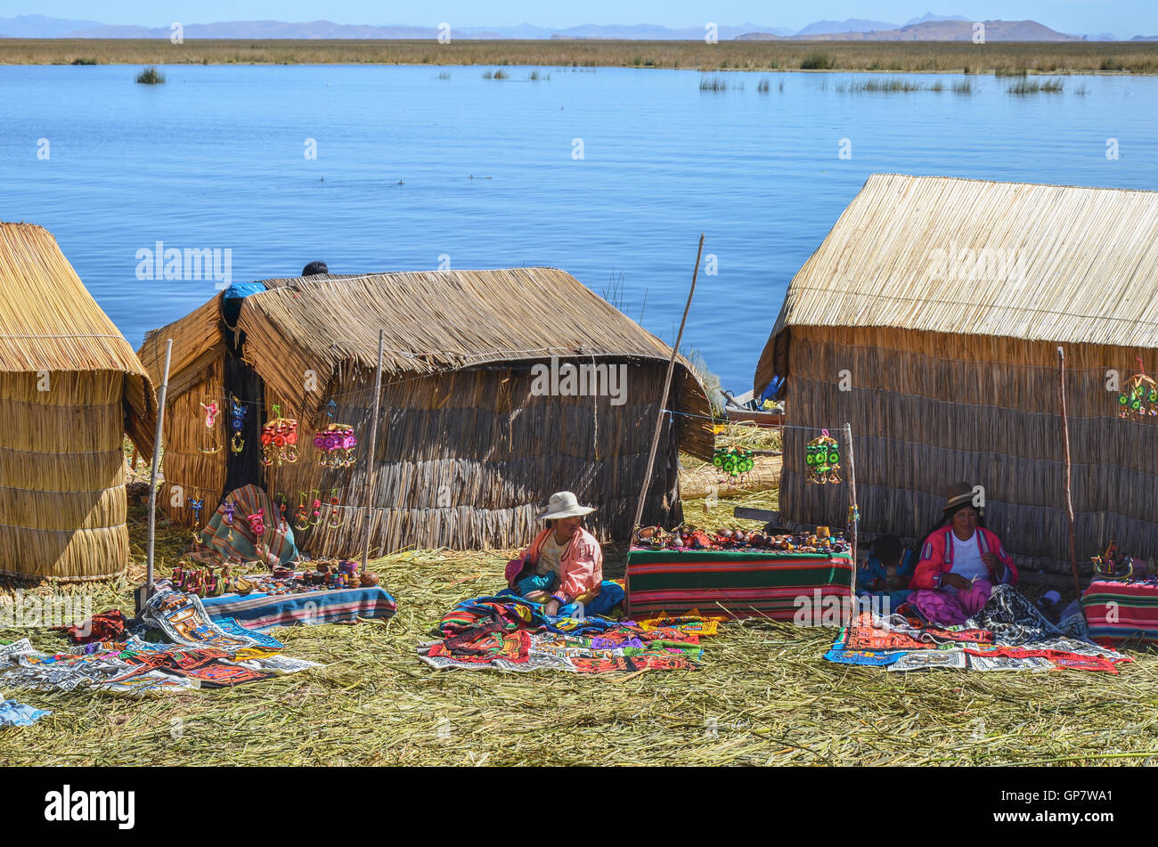 Hand made island constructed from many layers of the totora reeds, inhabited by  Aymara community Stock Photo