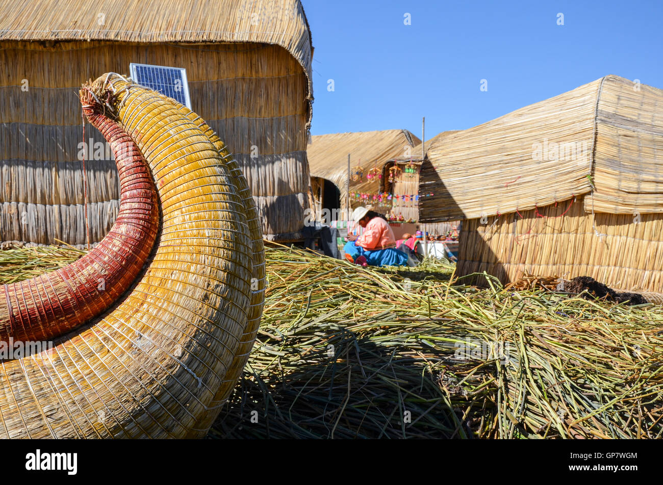 Hand made island constructed from many layers of the totora reeds ...