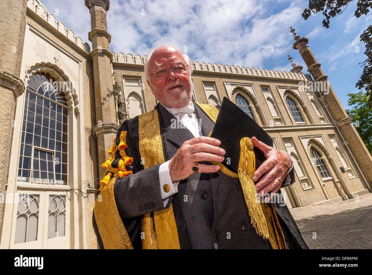 84-year-old Lord (Richard) Attenborough, Chancellor of the University of Sussex,  outside the Brighton Dome, Stock Photo