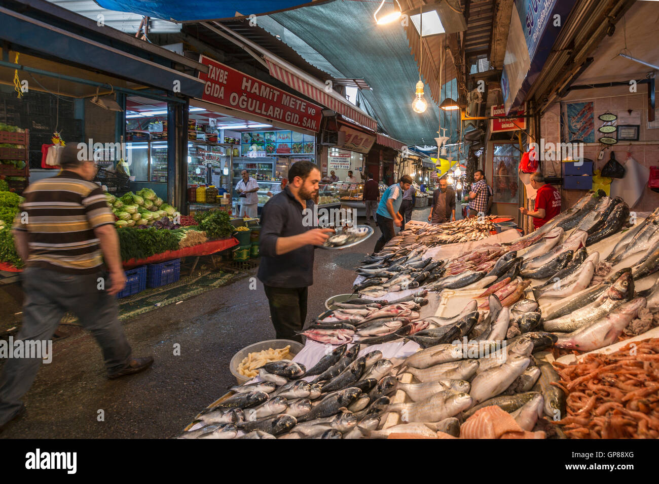 Food sellers at Synagogue Street of Kemeralti Historical Bazaar District in Izmir,Turkey Stock Photo