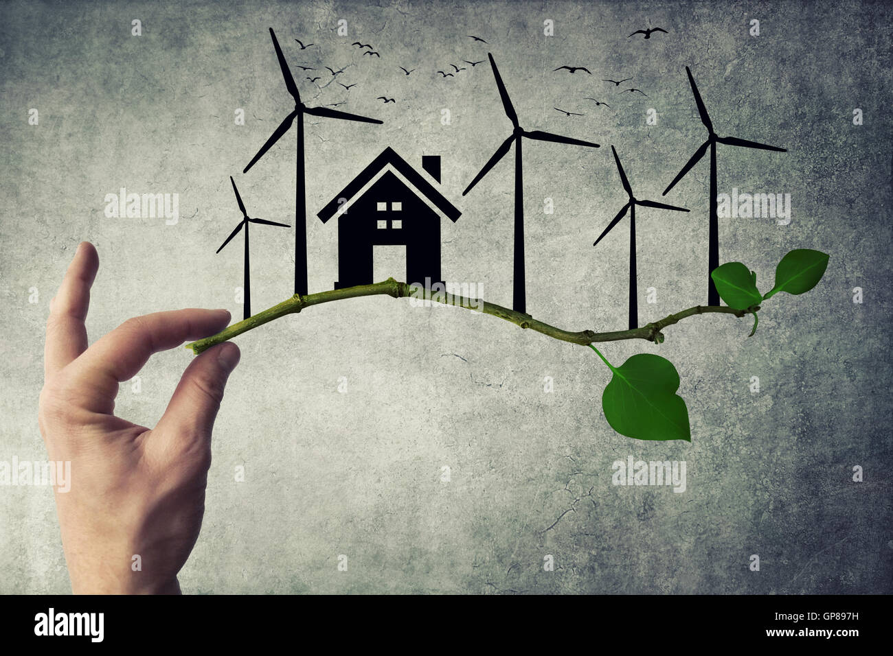 Human hand holding a tree branch. Environmental green energy concept. Silhouette of house, wind turbine and birds flying Stock Photo
