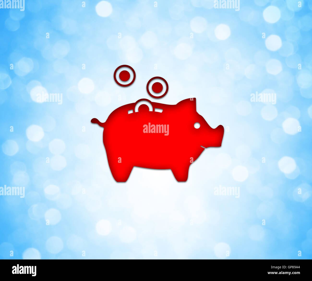 Red colored piggy money bank icon over a blue bokeh background. Home, family concept Stock Photo