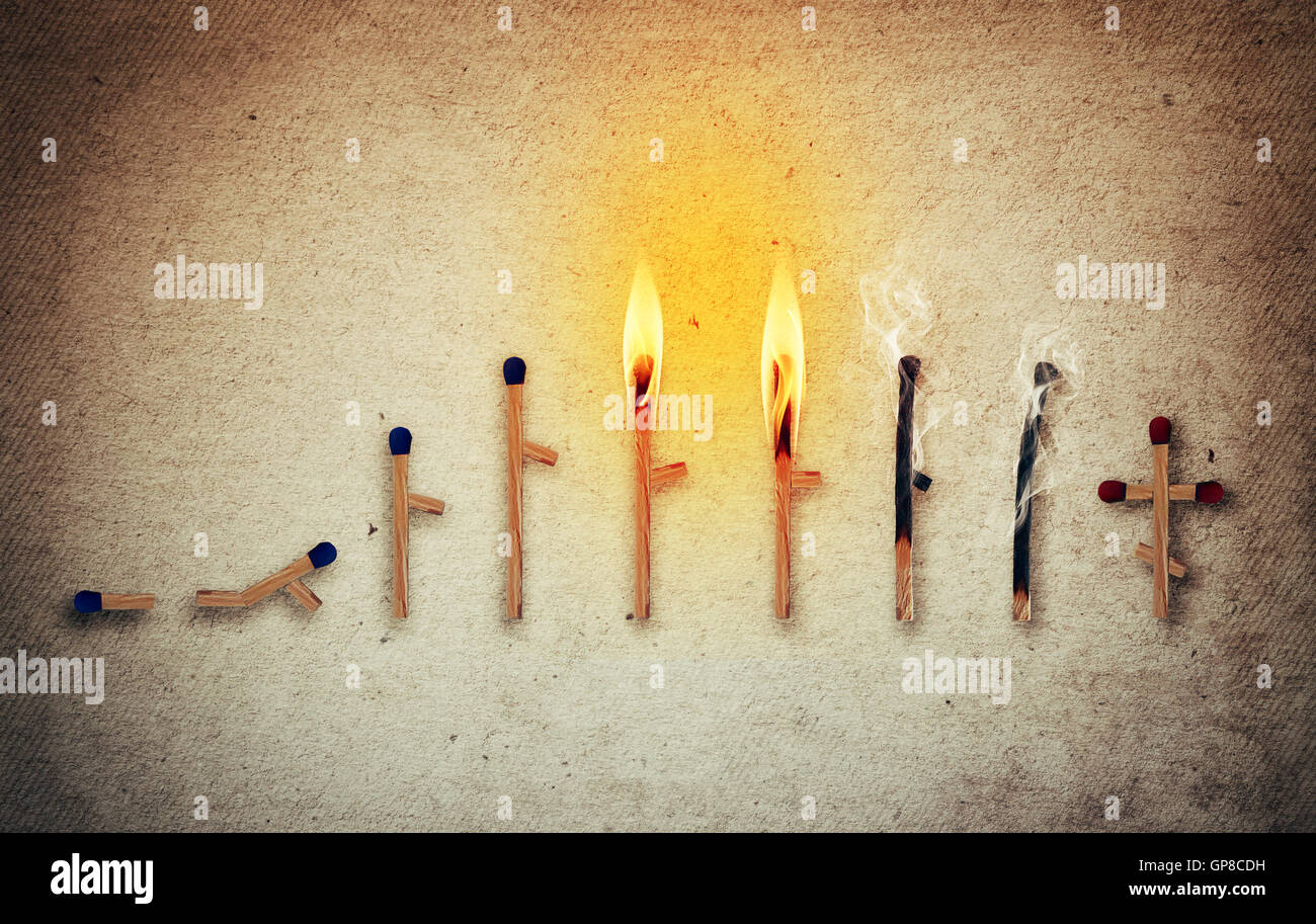 Matches symbolizing human life cycle in different ages from birth to