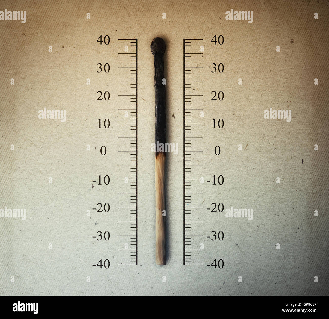 Burned match indicating temperature on a scale as a thermometer. Global warming and temperature rising concept Stock Photo