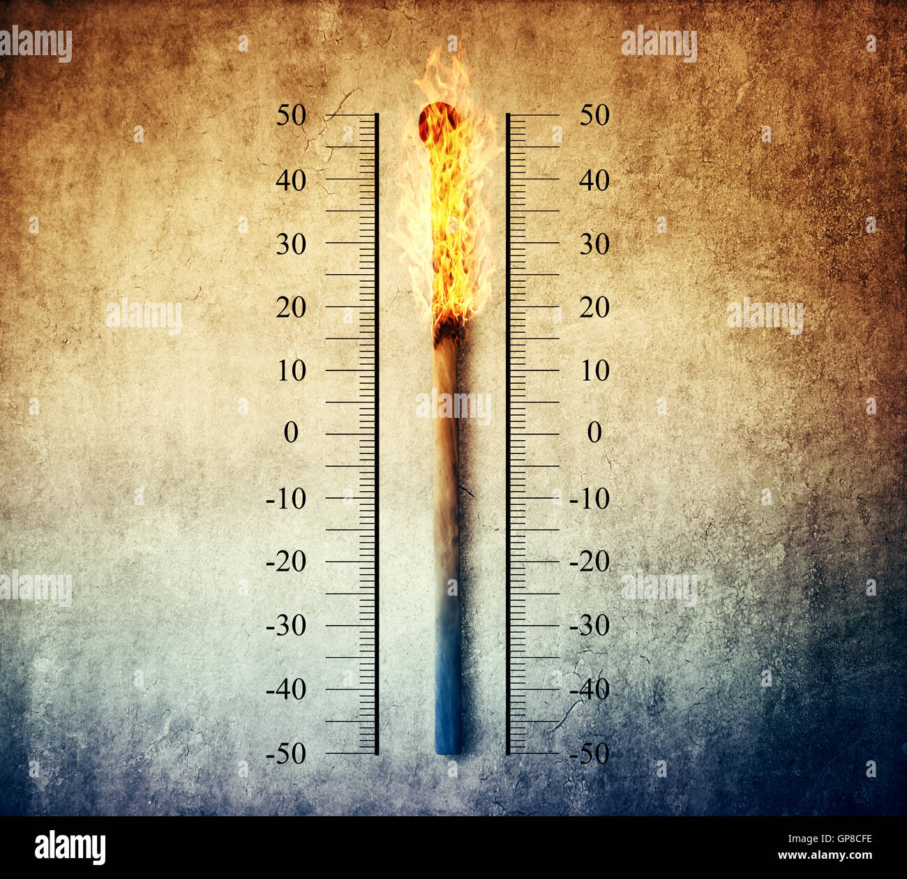 Burned match indicating temperature on a scale as a thermometer. Global warming and temperature rising concept Stock Photo