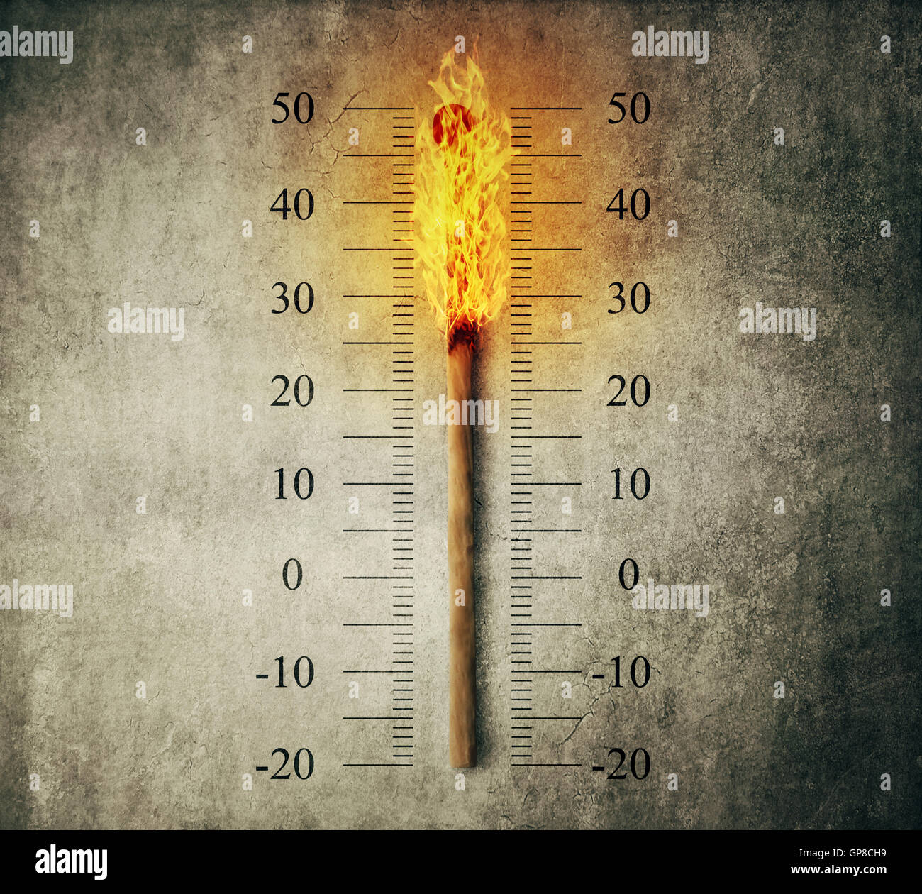 Burned match stick indicating temperature on a scale as a thermometer. Global warming and temperature rising concept Stock Photo