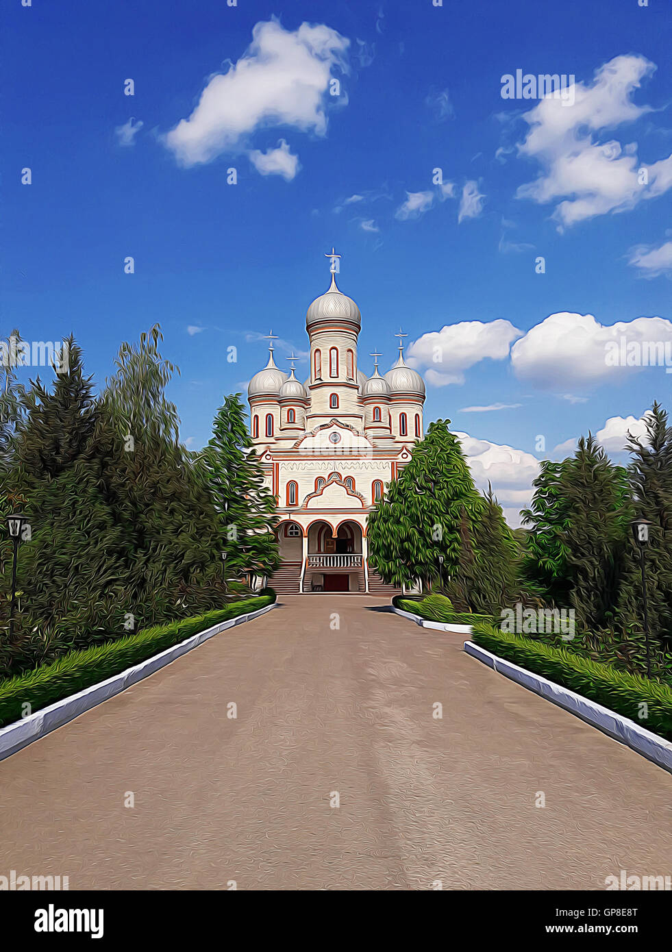 Illustration of a ortodox church with tree alley and green gardens above below a blue sky Stock Photo