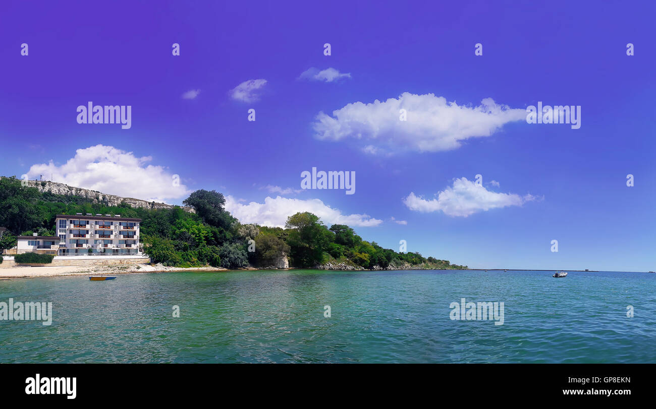 Clear morning scene of a hotel on the seashore. Panoramic view of the coast of Black Sea, Balchik city, Bulgaria Stock Photo