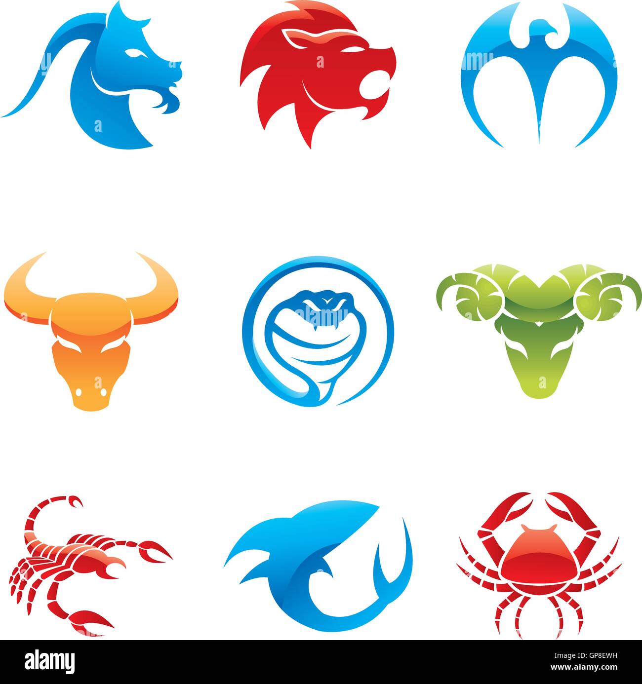 Glossy icons of 9 different animals in various colors Stock Vector ...