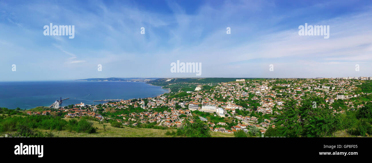 Beautiful panorama of the coast of the Black Sea in Balchik city, Bulgaria. Vacation trip, travel concept Stock Photo