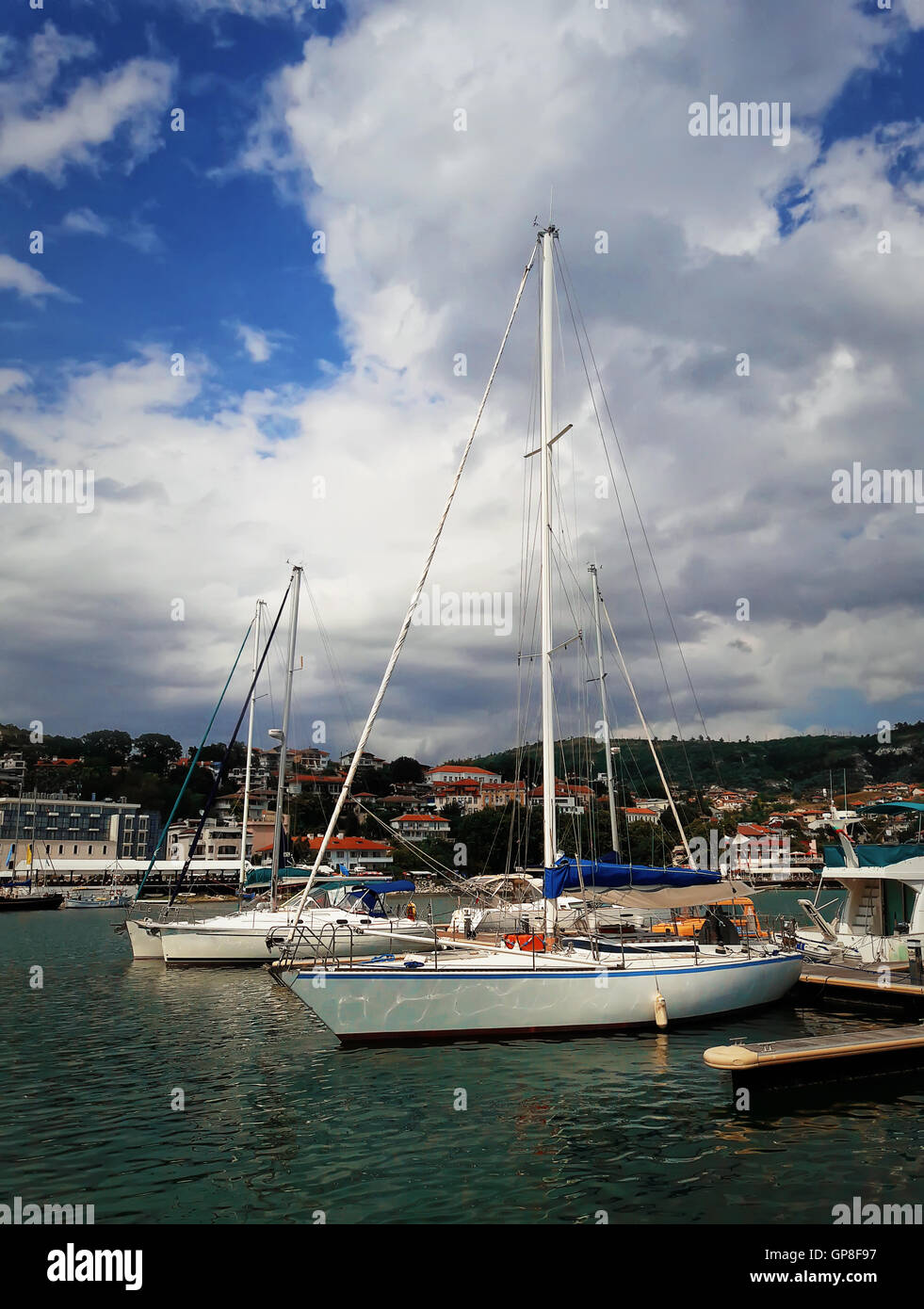 Group of sail boats in the sea at the coast of Balchik, Bulgaria. Travel and vacation concept Stock Photo