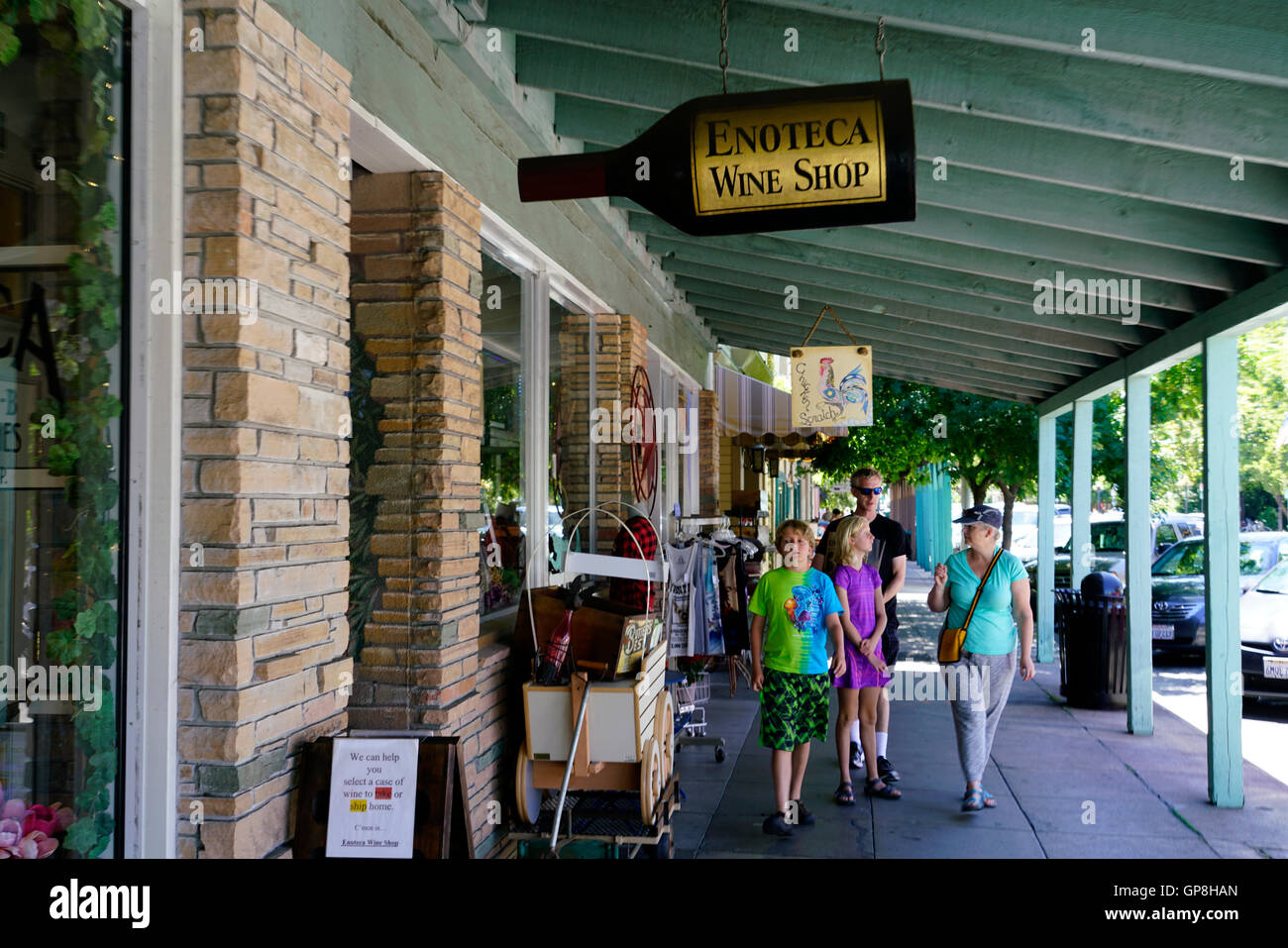 A wine bottle shaped sign of a local wine shop.Calistoga,California,USA Stock Photo