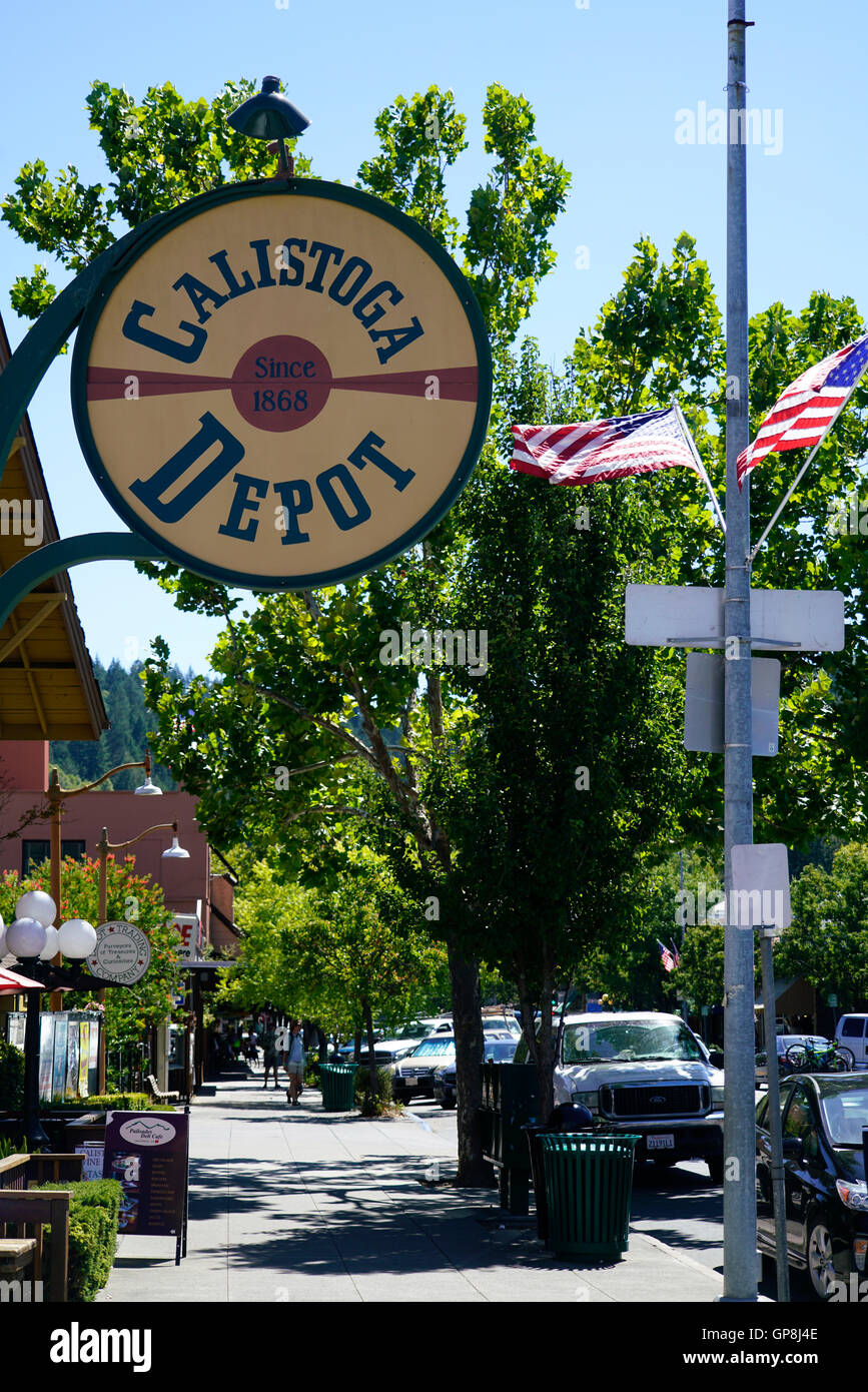 Sign of Calistoga Depot Railroad Station.Nowadays a tourist shopping