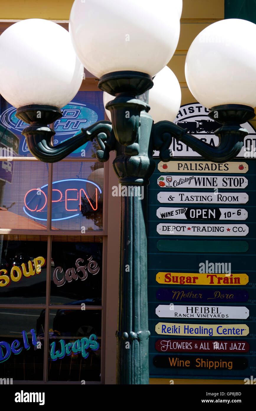 Store name signs by the entrance of Calistoga Depot Trading shopping