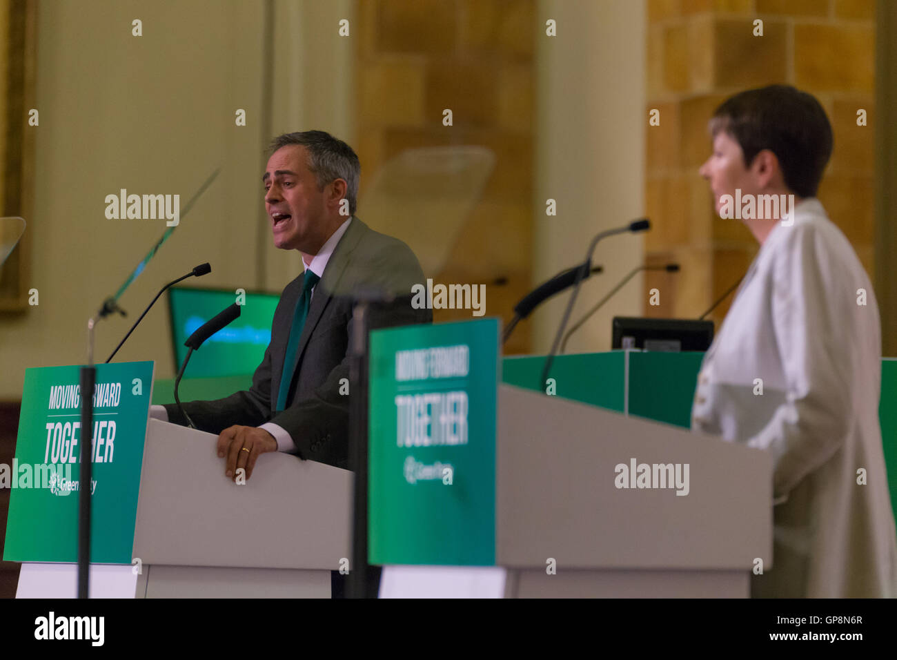 Jonathan Bartley and Caroline Lucas the co-Leaders of the Green Party of England and Wales UK at the party's conference 2016 Stock Photo
