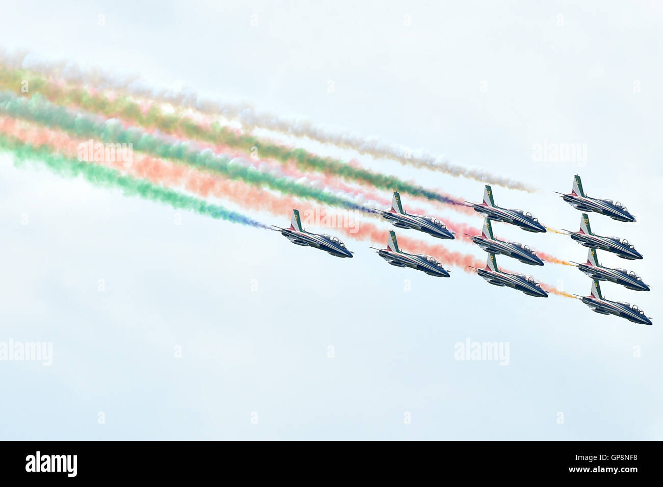 Zeltweg, Austria. 2nd Sep, 2016. Italy's Frecce Tricolori team performs during the AirPower 2016 in Zeltweg, Austria, Sept. 2, 2016. Credit:  Qian Yi/Xinhua/Alamy Live News Stock Photo
