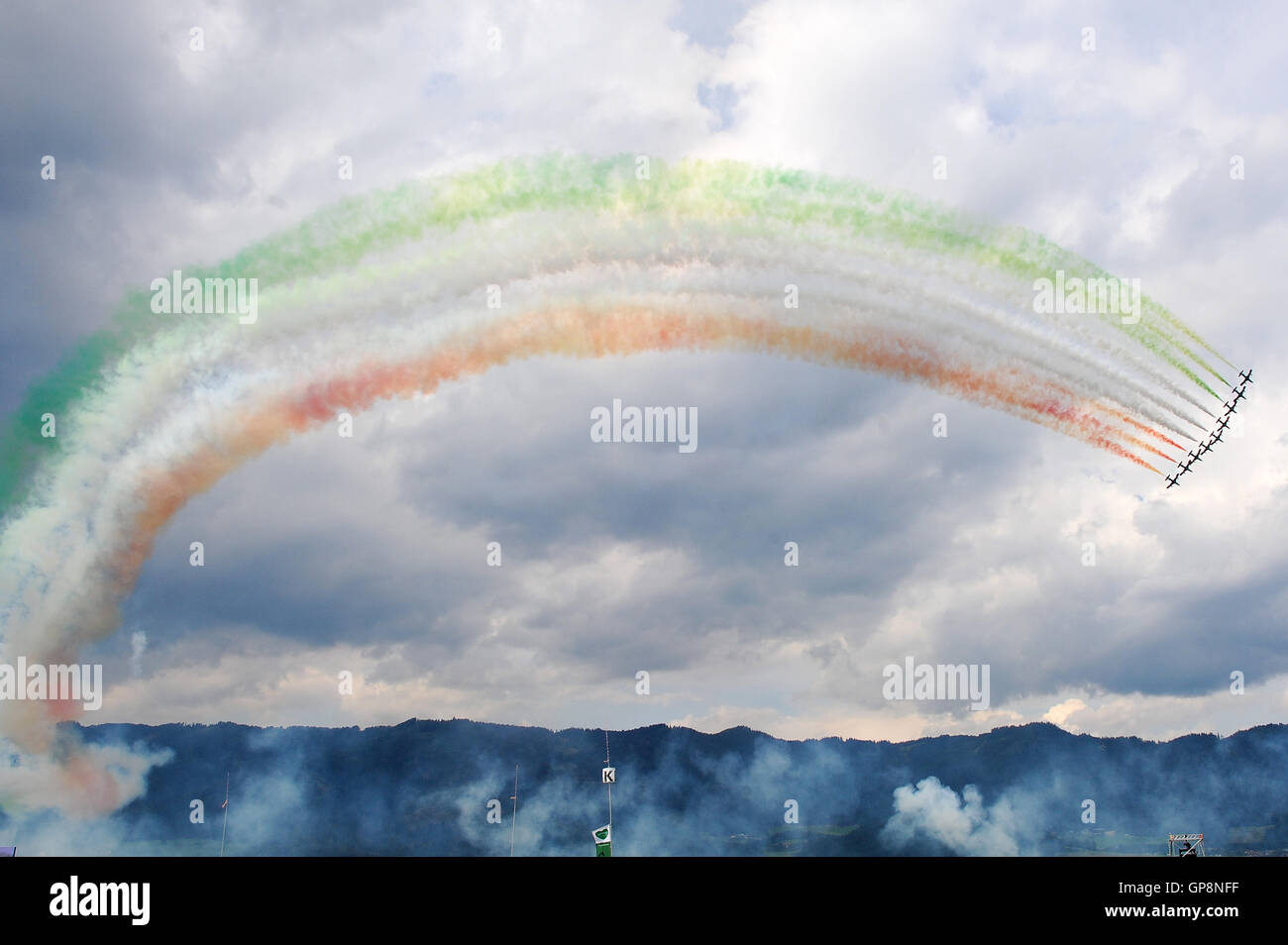 Zeltweg, Austria. 2nd Sep, 2016. Italy's Frecce Tricolori team performs during the AirPower 2016 in Zeltweg, Austria, Sept. 2, 2016. Credit:  Qian Yi/Xinhua/Alamy Live News Stock Photo