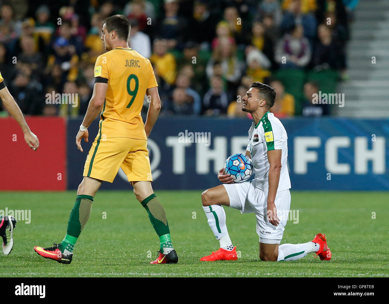 Perth, Western Australia, Australia. 1st Sep, 2016. AHMED YASEEN GHENI of Iraq reacts with the ball in his hands agains TOMI JURIC of Australia during the 2018 FIFA World Cup Asian Qualification match played at NIB Stadium on Sept 1, 2016 in Perth, Australia. © Theron Kirkman/ZUMA Wire/ZUMAPRESS.com/Alamy Live News Stock Photo
