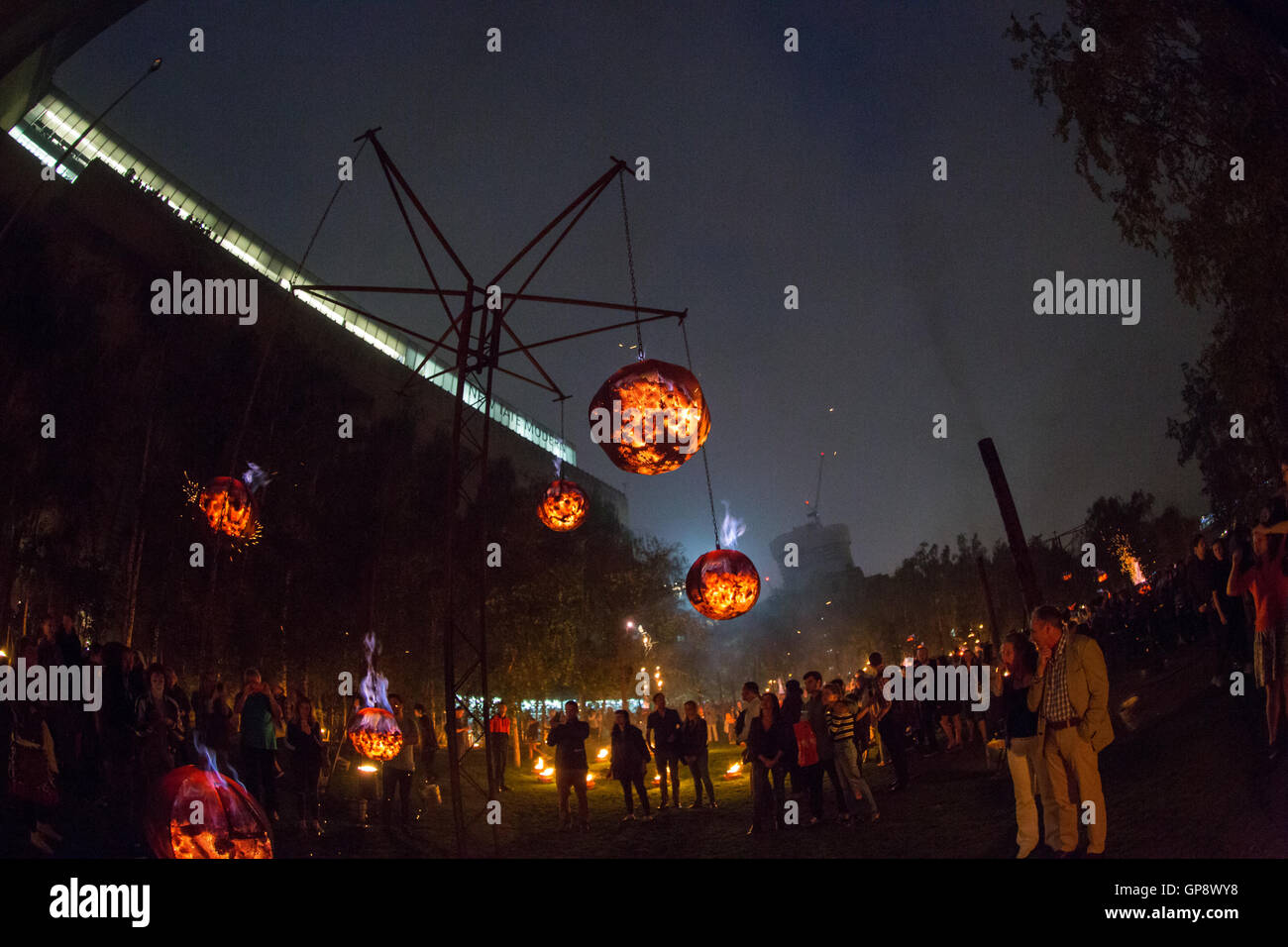 London, UK. 2nd September, 2016. Compagnie Carabosse, French fire alchemists, created a Fire Garden in front of the Tate Modern . on the Thames Korean,  Ik-Joong Kang created 'Floating Dreams'. One of the events which forms part of the festival marking the 350th anniversary of the Great Fire of London. Credit:  carol moir/Alamy Live News Stock Photo