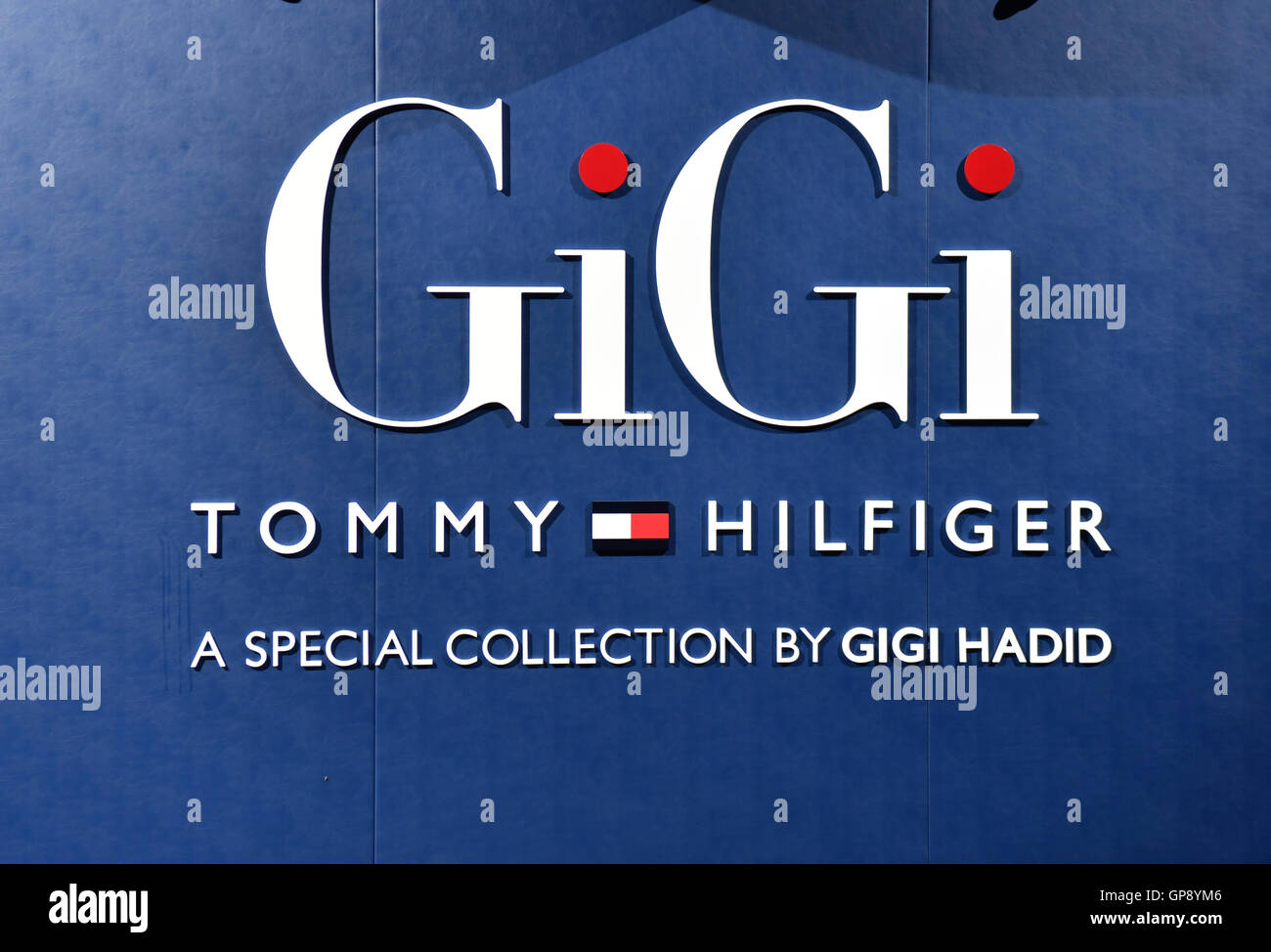 Berlin, Germany. 02nd 2016. The logo of GiGi by Tommy Hilfiger, a ' Tommy X Gigi' collaborative by Tommy Hilfiger and Gigi Hadid seen at the fashion fair Bread and Butter