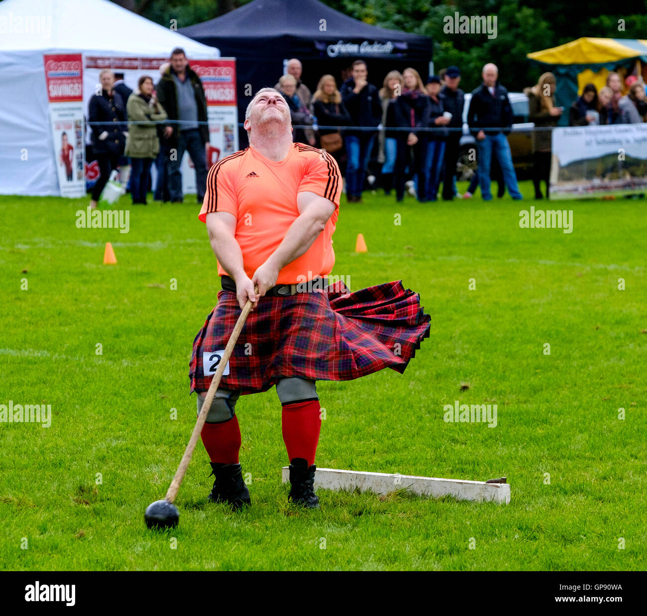 Peebles, Scotland UK  3rd September 2016. Peebles Highland Games, the biggest 'highland' games in the Scottish  Borders took place in Peebles on September 3rd 2016 featuring pipe band contests, highland dancing competitions, haggis hurling, hammer throwing, stone throwing and other traditional events.  Pictured:  a competitor throws the hammer Credit:  Andrew Wilson/Alamy Live News Stock Photo