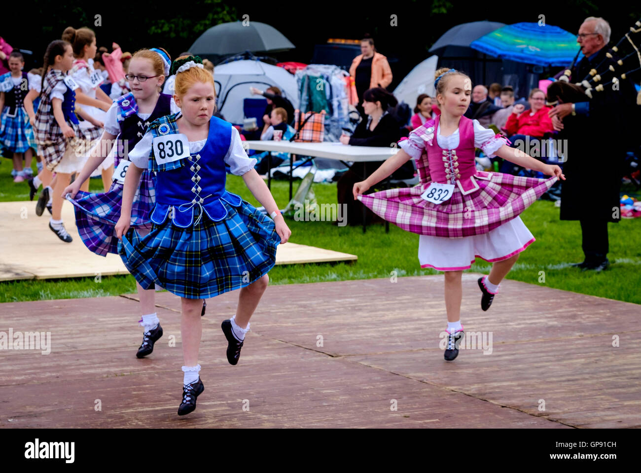 Peebles, Scotland UK  3rd September 2016. Peebles Highland Games, the biggest 'highland' games in the Scottish  Borders took place in Peebles on September 3rd 2016 featuring pipe band contests, highland dancing competitions, haggis hurling, hammer throwing, stone throwing and other traditional events.  Pictured:  Highland dancing competition in progress Credit:  Andrew Wilson/Alamy Live News Stock Photo