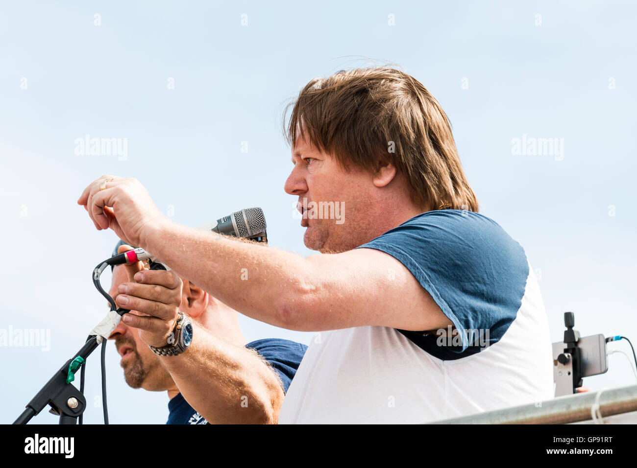 Ian Hodson, national president, Bakers Union, making speech. Close up, head and shoulders. Outdoors, addressing (unseen) rally. Gestures with hands. Stock Photo