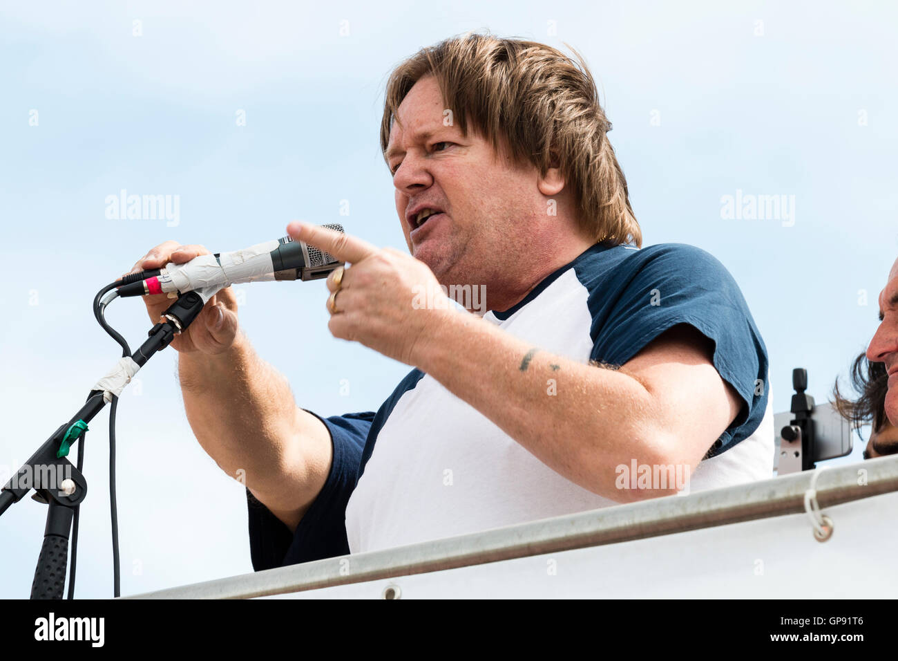 Ian Hodson, national president, Bakers Union, making speech. Close up, head and shoulders. Outdoors, addressing (unseen) rally. Gestures with hands. Stock Photo