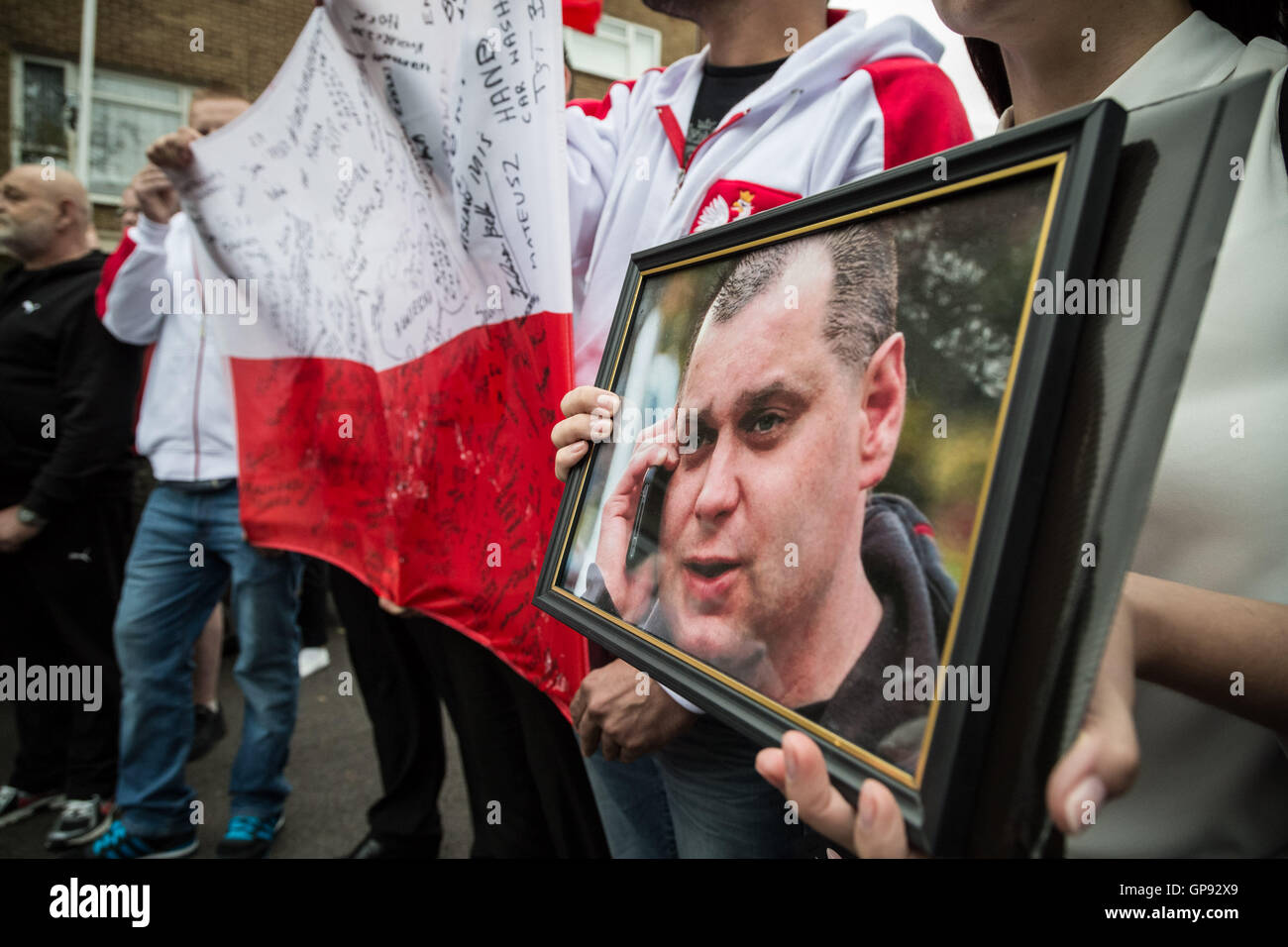 Essex, Harlow UK. 3rd September, 2016. Remembrance vigil and unity march organised by British Poles for Arkadiusz Jóźwik, known as Arek, a polish factory worker beaten to death in a suspected race-hate attack in his adopted home town of Harlow. Credit:  Guy Corbishley/Alamy Live News Stock Photo